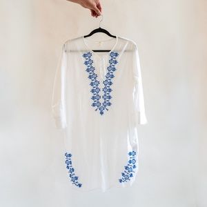 H&M White and Blue Tunic Cover Up Embroidered Pattern